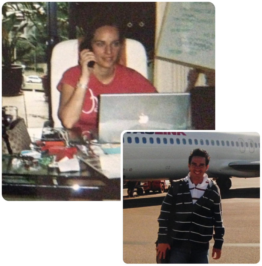 A young Masa and Miguel in their very first home office and an image of Miguel taking a plane to Australia