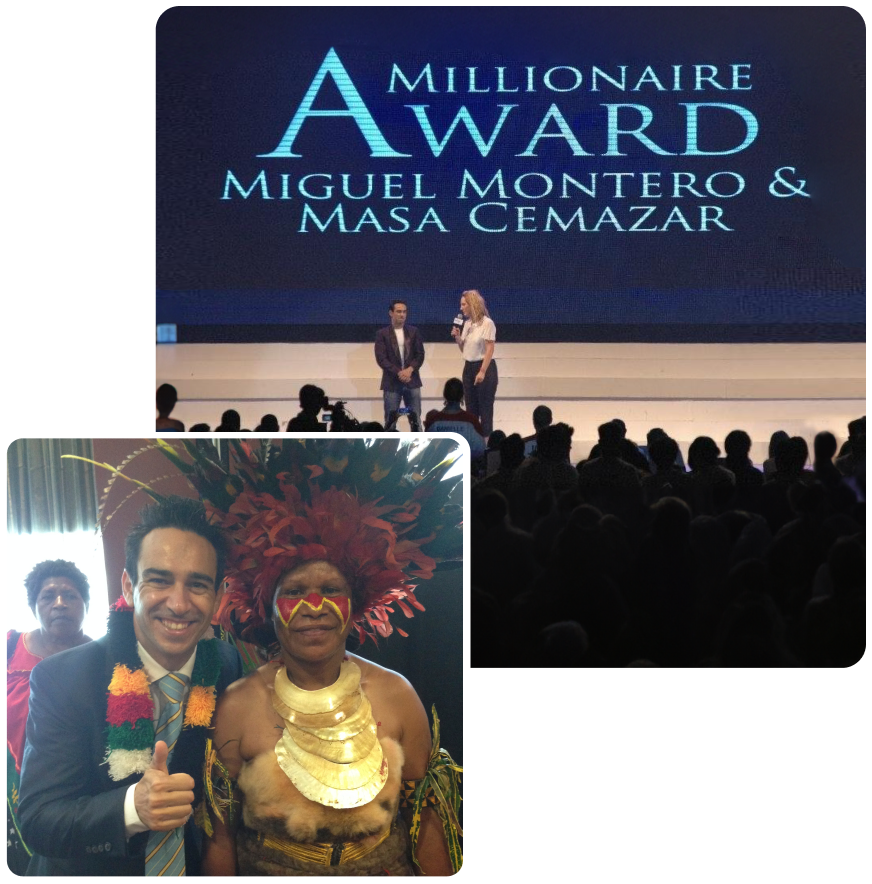 Masa and Miguel on stage celebrating their 1 million sales milestone, followed by an image of Miguel in Papua New Guinea