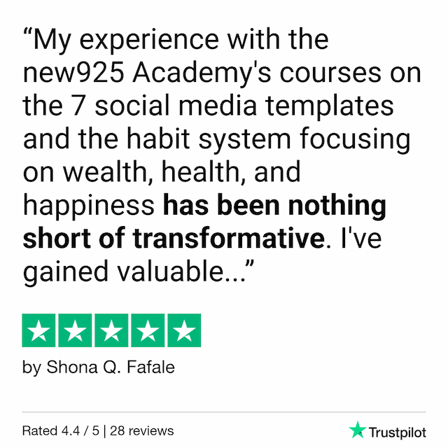 Shona testimonial: My experience with the new925 Academy>s courses on the 7 social media templates and the habit system focusing on wealth, health, and happiness has been nothing short of transformative. I>ve gained valuable...